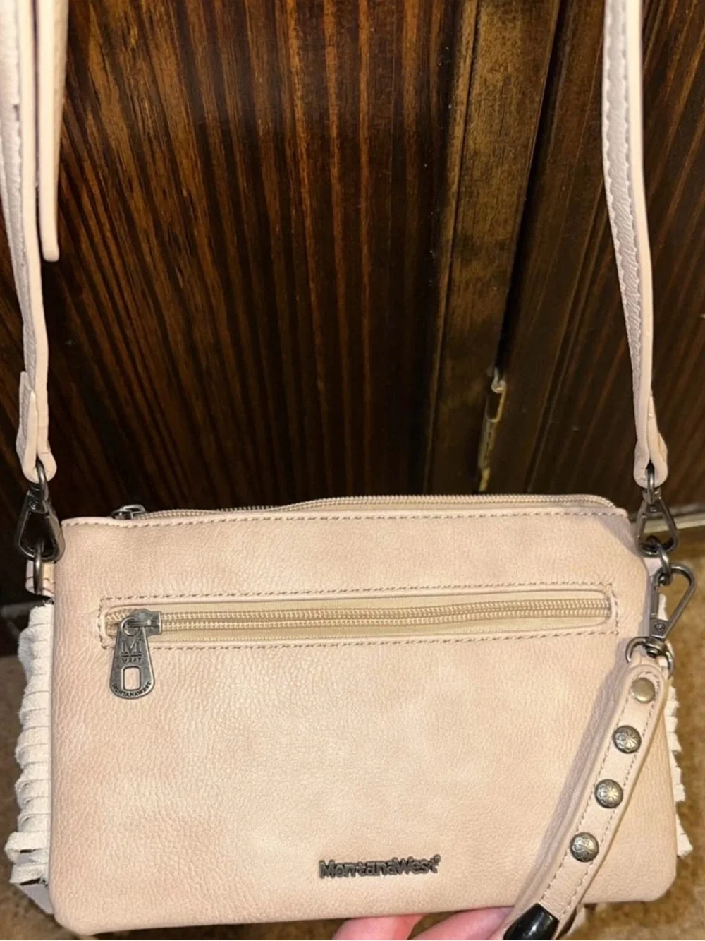 Montana West Taupe Embossed Floral Fringe Crossbody Bag